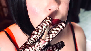 Smoking Mistress Tina Snua Chain Smokes 2 Superking Cigarettes in Fishnet Gloves - Smoker Smoke BBW Chubby