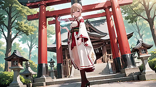 Red & White Miko! Forbidden Encounter at the Shrine, Golden Hair Trembling Under Sacred Robes, From Solemn Kneel to Blurry Gaze