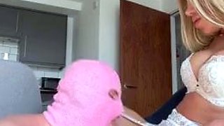 Blonde TS in White Lingerie Fucks Masked Guy on a Chair