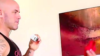 Brunette and immense penis love on a white bed
