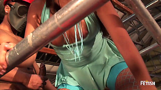 Brunette babe gets fucked by two workers with mask and big cocks
