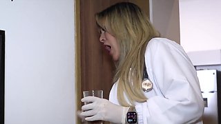 Blondie doctor gets eaten out and fucked, behind curvy wife's back