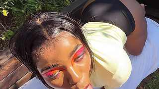 Ebony Girl Reading Outside Gets Her Throat Used by White Guy