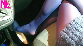 Dangling and Shoeplaying in Blue Pantyhose and Blue Flats on a Gas Station