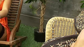 Busty Blonde Maid and Her Big Tits Friend Share Toys in a Lesbian Garden Session