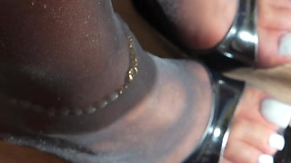Foot Slave Nylon Shoejob Heeljob - Cum on White Toes While I Tease His Nipples with My Heels
