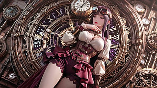 Purple Hairs in a Steam Fantasy! Surrounded by giant gears, she kneels lazily.