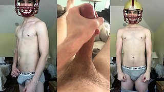 Baited Straight Hung Young Guy football gear and jacking off