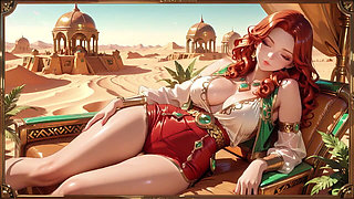 Lazy Seduction in the Desert Palace, Green and Red Tight Bodysuit Hugging Her Curves.