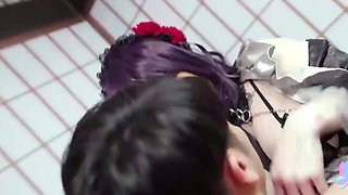 Sexy purple haired dark haired with huge baps gives a