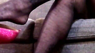 Black Nylon Pantyhose Dangling Hot Pink Heels