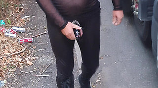 Cock locked sissy sucking dildo outdoors