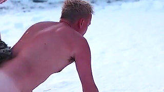 Femdom. Two Busty Women Piss Naked in the Snow, Then Make a Naked Guy Eat and Lick the Yellow Snow.