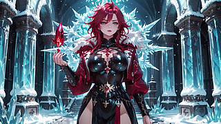 Red-haired Sorceress makes a stunning entrance in the Crystal Hall, robe slightly open and staff tapping seductively.