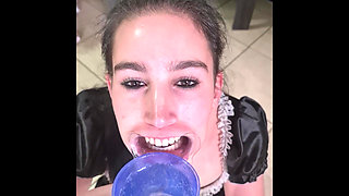French Maid Tries to Swallow Her Own Piss Through Lip Retractor