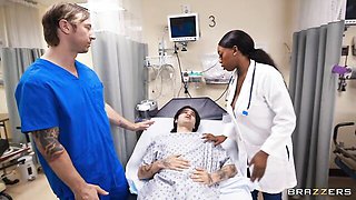 Busty ebony nurse climbs onto her silver-haired patient