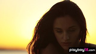 Inviting 18-year-old posing naked at sunset