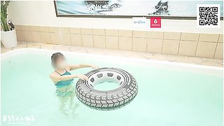 Raw Insertion Into A Wet Pussy In The Pool. Massive Ejaculation On Big Tits Protruding From Swimsuit