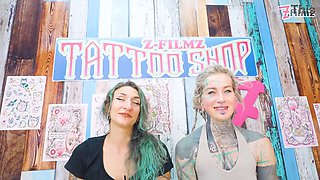 Tattoo Threesome Turns Anal Heavily Inked Artist Fucks Friends Ass While Inking & Cums on Fresh Tattoo