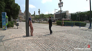 Spanish hottie gets throat fucked on the street bound in front of a busy cafe!