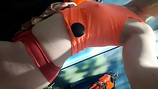 Brunette teen masturbates in a public fitting room.