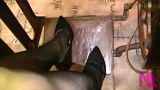 Vintage_sewing on My Granny's Old Sewing Machine in Black Pantyhose and Suede Louboutins