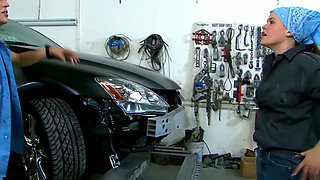 Ass Licking in the Car Garage - Blonde Mechanic Bends the Redhead Over the Hood