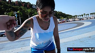 Skateboarding fail of big butt Thai MILF who fucks at home after