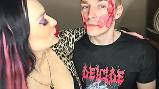 Juicy Sticky Loud Aggressive Kisses All Over a Guy's Face with Red Lipstick