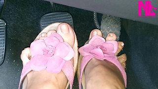 Revving My Car in Pink Flowered Flip Flops