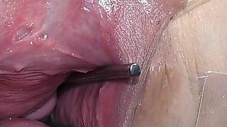 Far Spread Pussy Even Further Open and with Dildo Working Close up, Looking Inside and Squirt