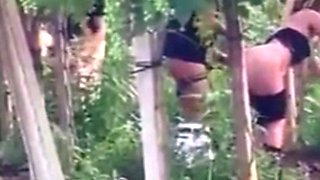 Spying blonde hooker fucking in the woods