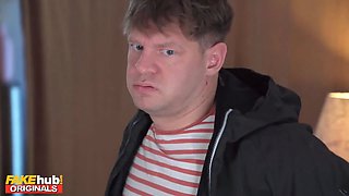 Real woman - real mom with big Natural Tits and giant booty shares sofa with her masculine guest