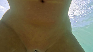 Naughty Blonde Pees in the Ocean Outdoor and Swimming Underwater