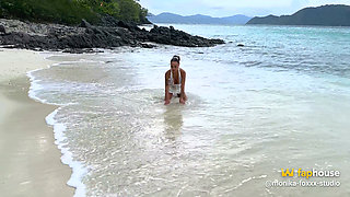 Monika Fox in Slutty White Dress on Beach