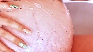 Bath with Foam for Pregnant Blonde with Big Boobs