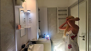 Big Ass Blonde Beauty Takes off Her Panties Braless in the Bathroom Flashes Her Tight Shaved Pussy