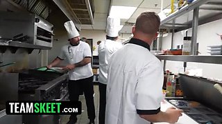 Kitchen Crew Gangbang - Waitress Fucks with Tits, Pussy, and Ass