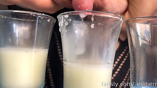 Filling Three Glasses with Fresh Breast Milk From My Full Breasts