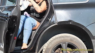 Pissing in her jeans while exercising outdoor