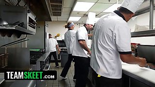 Small bunny fae takes on the entire kitchen team in a wild restaurant group fuck