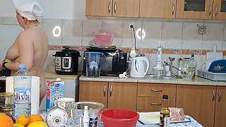 Nude Kitchen Cooking. Frying Meat Cutlets Completely Naked