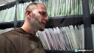 Brunette MILF Gia Giancarlo Gives Blowjob & Cumshot on Feet in Office - JMac Fucks Subordinate