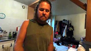 Hot French MILF Kahann masturbates with cucumber in kitchen close-up amateur video