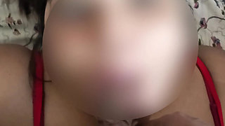 Desi wife in red night dress gives sloppy blowjob & gets hard fuck by husband