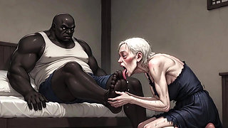 90 Year Old Granny Slave Licking Giant Black Man Feet - Wet Pussy Pleasure