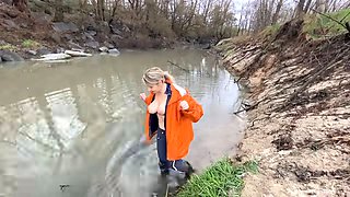 Busty blonde wife sucks then fucks her husband outdoors