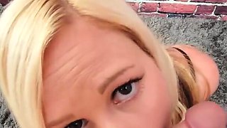 Blonde chick gives a blowjob before a doggy fuck followed by creampie