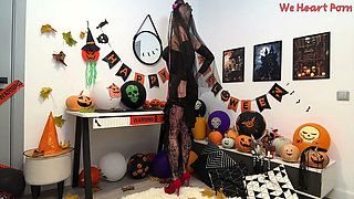 Tattooed Halloween Bride Olivia Red in Black Lace Stockings Gets Her Ass Fucked by a Horny Devil