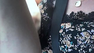 Outdoor solo masturbation scene with curly blonde